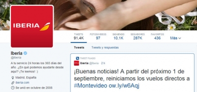 Iberia, la aerol&iacute;nea europea m&aacute;s atenta en Twitter